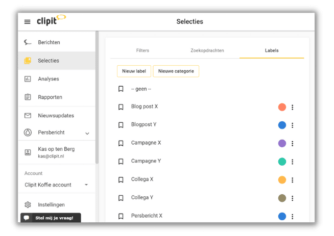 Hoe meet ik het effect van mijn persbericht? Selectie labels dashboard Clipit